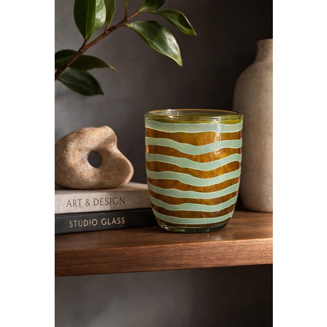 Amber Vintage Hand-Blown Art Glass Vase With Seafoam Green Satin Stripes and Amber Ground – Modern Studio Glass Vessel For Sale - Image 8 of 8