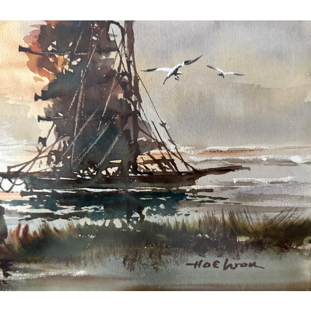 Paint Original Hoe Won Watercolor Harbor Scene For Sale - Image 7 of 11
