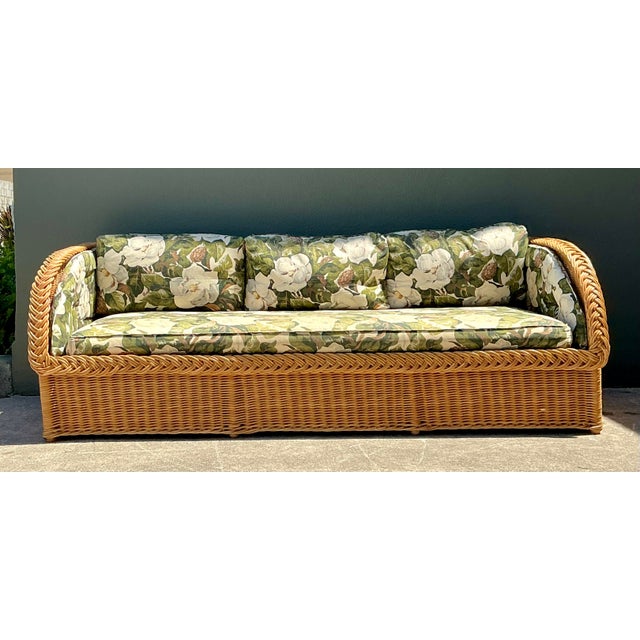 Tan Vintage Braided Rattan Magnolia Print Sofa For Sale - Image 8 of 12