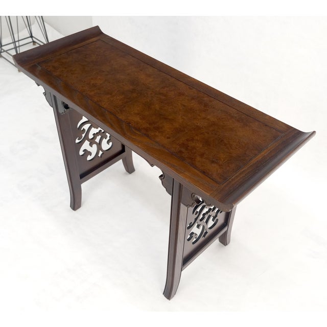 Baker Solid Walnut Pierced Carved Legs Rolled Edge Asian Console Sofa Table MINT For Sale - Image 14 of 15