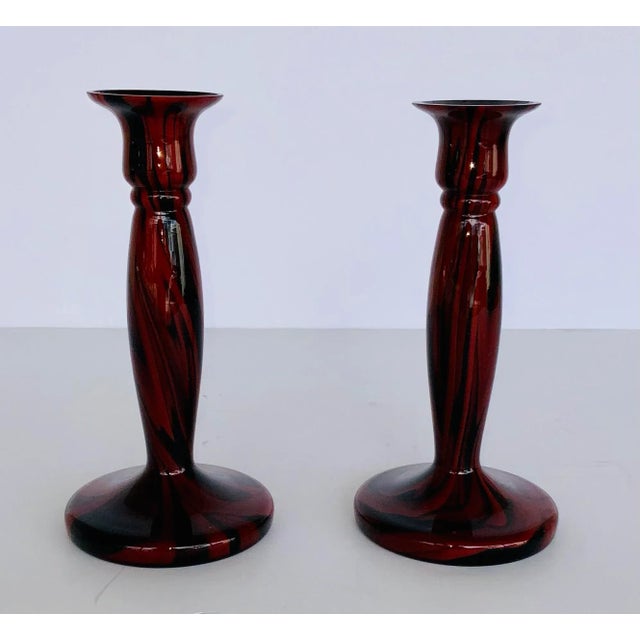 1930s Vintage 1930’s Czech Kralik Red an Black Swirl Art Glass Candlesticks Pair For Sale - Image 5 of 5
