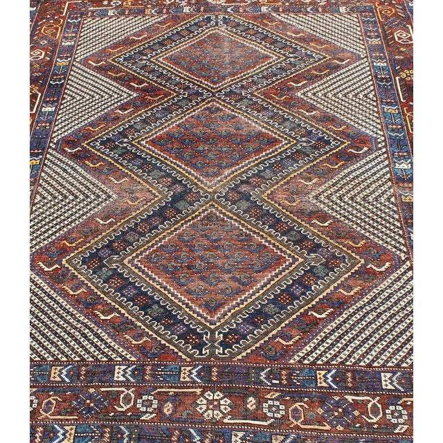 Tri-Medallion Antique Afshar Rug in Colorful Tones Brown and Gray Blue 5'0 X 6'1 For Sale In Atlanta - Image 6 of 12