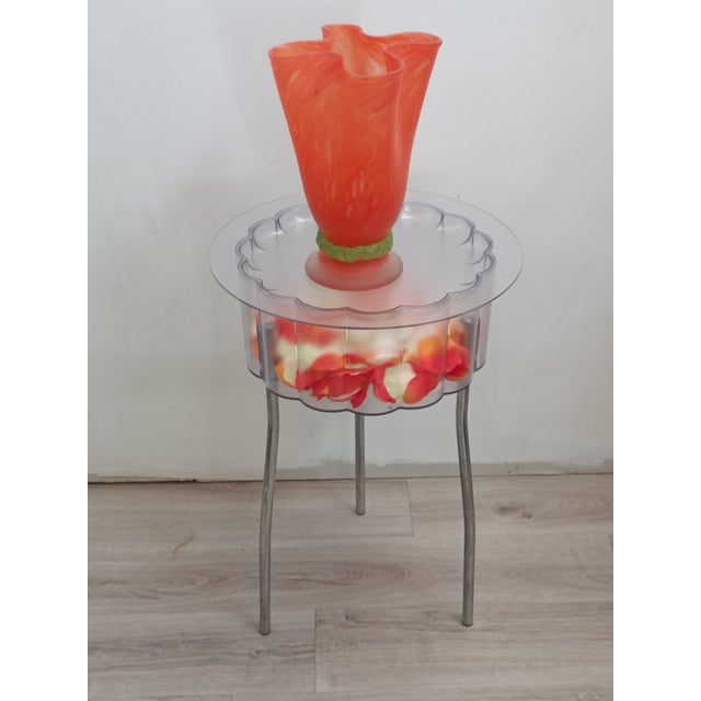 Beautiful pâte de verre vase. France, 1960s. Variety orange glass. Green ribbon at the base. Height 29 cm. Width 20 cm....