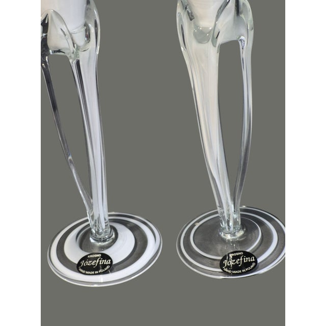 Mid-Century Modern Pair Vintage Krosno Józefina Hand-Blown White Art Glass Champagne Flutes Poland For Sale - Image 3 of 8