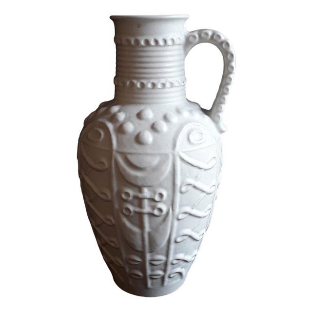 Ceramic Vintage German Vase with Handle with Floral Relief Decor in White from Bay-Keramik, 1970s For Sale - Image 7 of 7