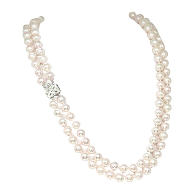 Abstract 1990s Diamond Akoya Pearl Necklace 8 Mm 14k Gold 18 3/4" 2-Strand Certified For Sale - Image 3 of 15