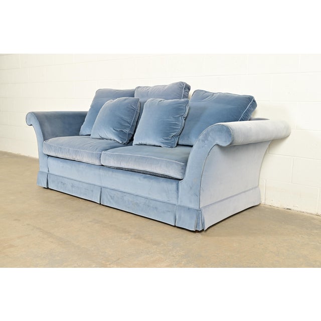 Contemporary Baker Furniture Blue Velvet Upholstered Roll Arm Sofa For Sale - Image 3 of 13