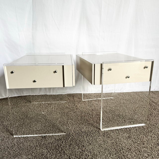 Wood Postmodern White Laminate Lucite Floating Nighstands - A Pair For Sale - Image 7 of 9