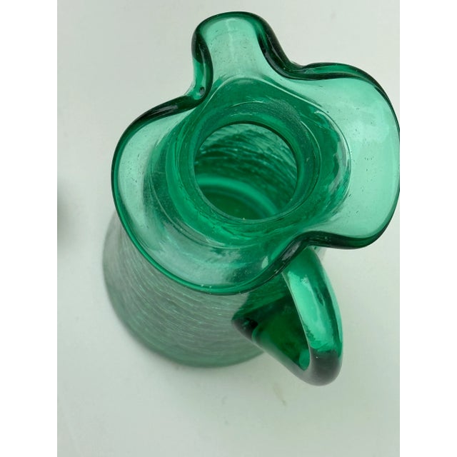 1950s Vintage Teal/ Emerald Green Crackle Glass Olive Oil or Vinegar Cruet, Vintage Mid Century For Sale In Los Angeles - Image 6 of 9