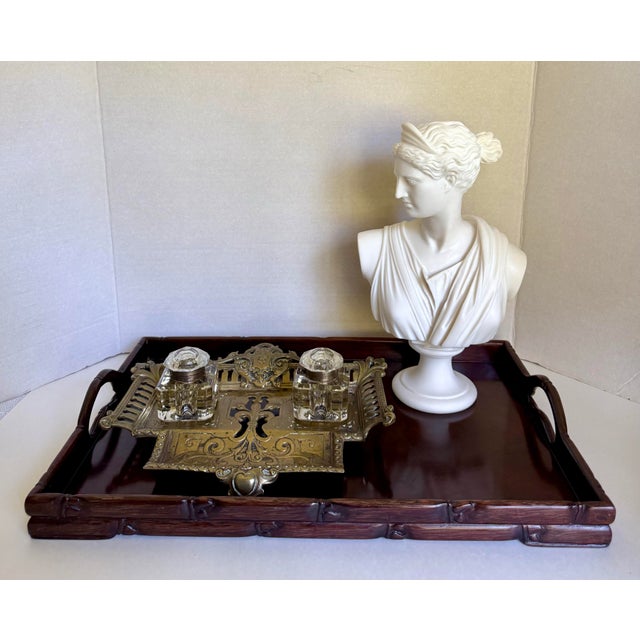 Antique French Victorian Brass Double Inkwell Desk Set With Crystal Inkwells For Sale - Image 10 of 10