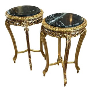Italian Rococo Style Black Marble Topped Side Table - Set of 2 For Sale