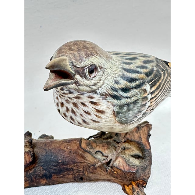 Vintage Hand-Carved & Painted Wooden House Sparrow Bird Sculpture on Driftwood Base For Sale - Image 10 of 12