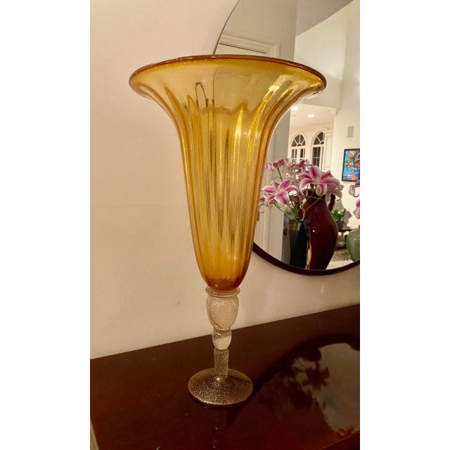 1990s Murano Style Glass Fluted Pedestal Style Dramatic Taper Tulip Vase, Made in Italy For Sale - Image 9 of 9
