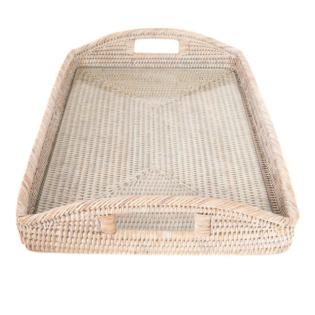 Boho Chic Artifacts Rattan Rectangular Tray with Glass Insert in White Wash - 21" For Sale - Image 3 of 5