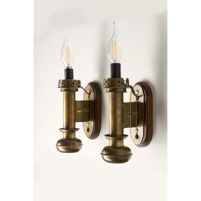 Brass and Wood Wall Sconces, 1950s, Set of 2 For Sale - Image 4 of 5