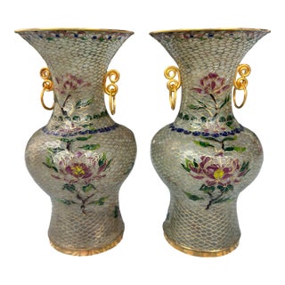 Pair of antique Plique-a-jour cloisonne vases with colorful transparent enamel // Chinoiserie // enamelware // enameled // Asian art For Sale