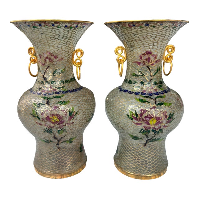 Pair of antique Plique-a-jour cloisonne vases with colorful transparent enamel // Chinoiserie // enamelware // enameled // Asian art For Sale