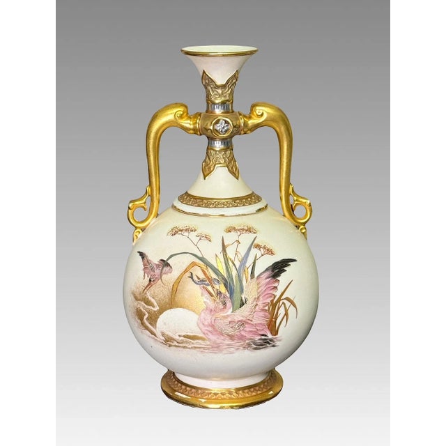 Royal Worcester Antique Royal Worcester Porcelain Dolphin Handled Gilt Vase With Pink Pelicans, 1884 #871 Aesthetic Movement For Sale - Image 4 of 14