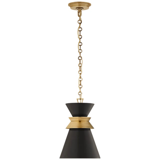 Chapman & Myers for Visual Comfort Signature Alborg Small Stacked Pendant in Antique-Burnished Brass with Matte Black Shade For Sale