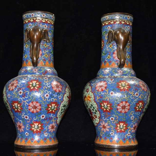 Monumental Pair of Cloisonné Enamel & Bronze Elephant-Handle Vases With Goldfish Motifs For Sale In Los Angeles - Image 6 of 9