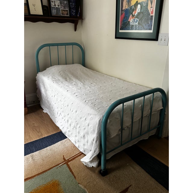 Metal Mid 20th Century Twin Metal Bed Frame-Tal/Turqoise For Sale - Image 7 of 10