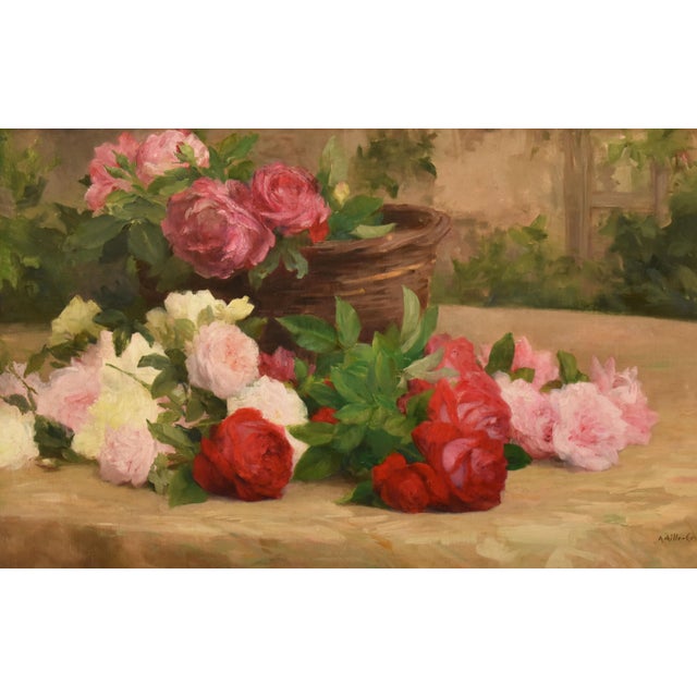 Achille Théodore Cesbron, Basket of Roses, 1890s, Oil on Canvas For Sale - Image 3 of 11