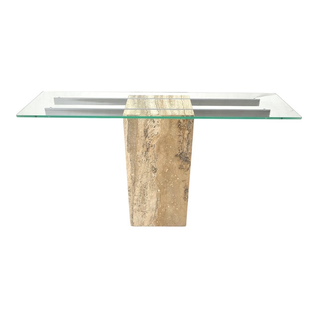 Single Travertine Pedestal Glass Top Italian Modern Sofa Console Table For Sale