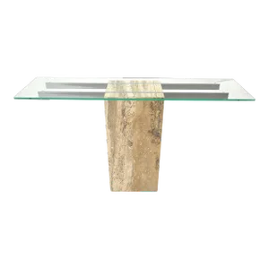Single Travertine Pedestal Glass Top Italian Modern Sofa Console Table