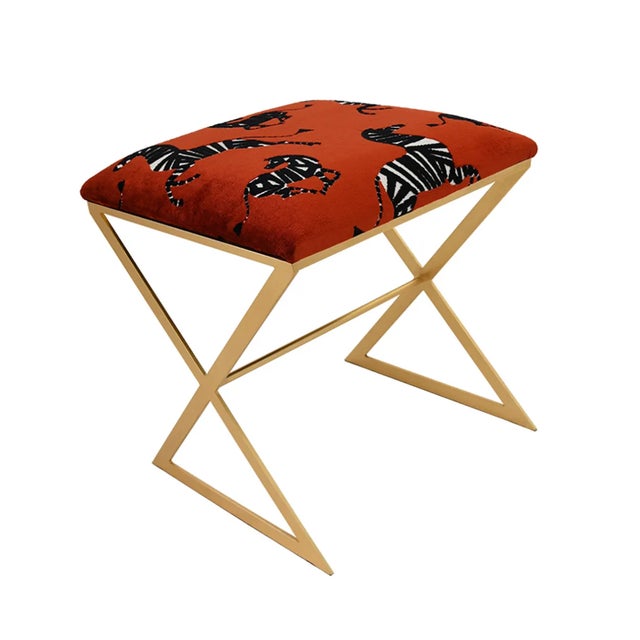 Worlds Away Matthew Izzo Home X Side Stool in Red Zebra Fabric and Gold Leaf Base For Sale - Image 4 of 4