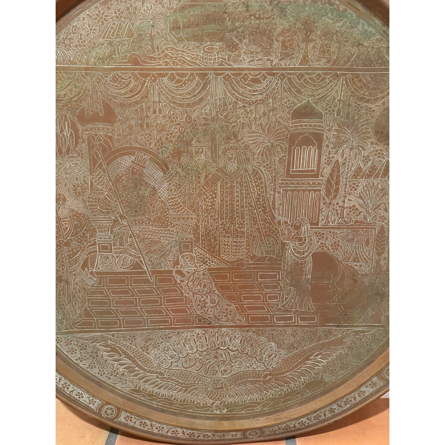 Antique Middle Eastern Engraved Copper Tray With Figural Court Scene & Calligraphy – Large Round Wall Art For Sale - Image 4 of 7