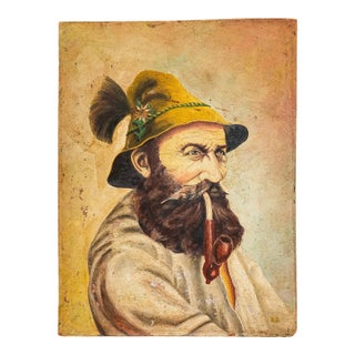 Tyrolean Man With Beard Smoking Pipe Antique Oil Portrait Painting For Sale