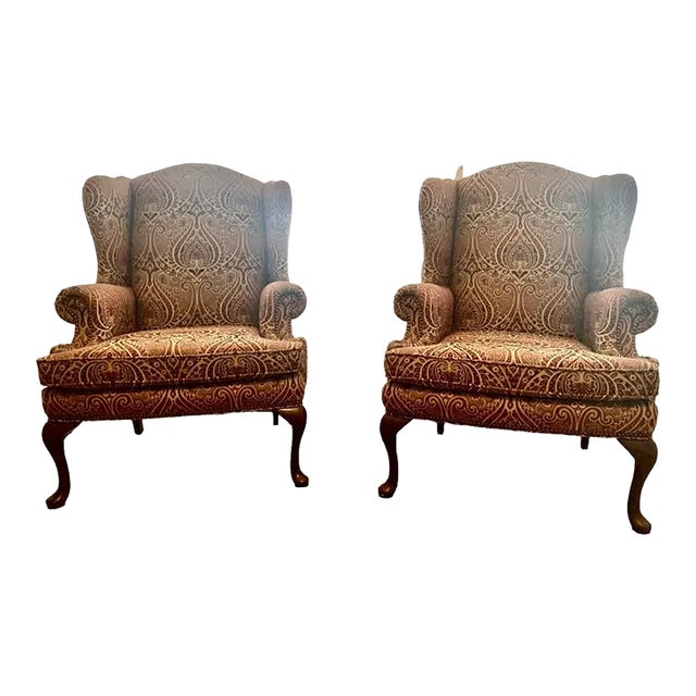 1970s Pair of Sherrill Furniture Wingback Chairs in Paisley Fabric For Sale