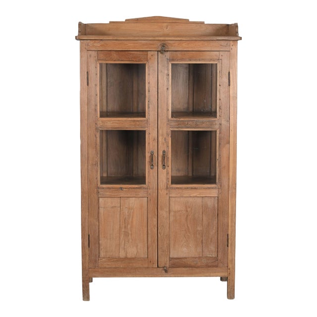 Antique Indian Glass Cabinet | Vintage Carved Wood Armoire | Rustic Display Cabinet | Wabi Sabi Decor For Sale