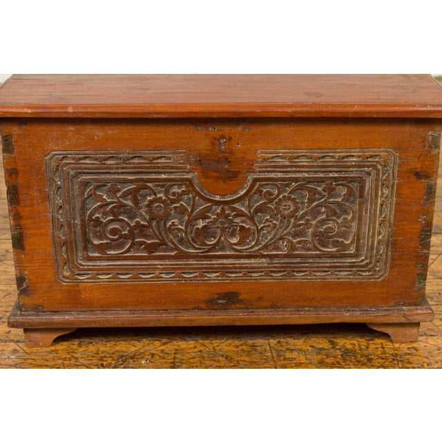 Brown Mid 20th Century Indonesian Vintage Wooden Blanket Chest with Carved Foliage and Floral Motifs For Sale - Image 8 of 13