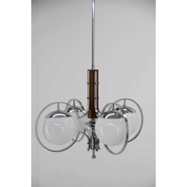 1930s Art Deco Opaline Glass, Wood and Chrome Chandelier, 1930s For Sale - Image 5 of 13