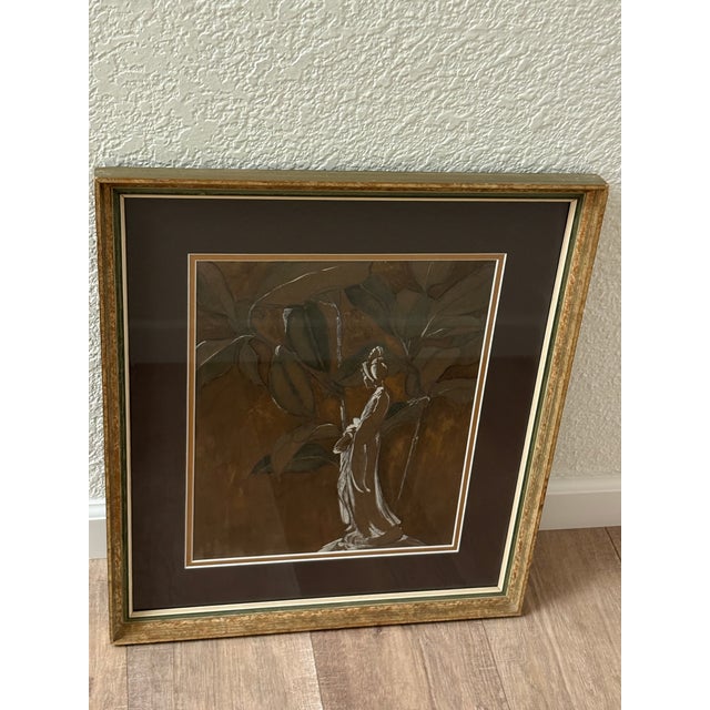 Coffee Vintage Framed Earthy Asian Geisha Painting For Sale - Image 8 of 8