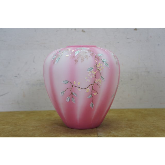 Fenton Art Glass Company 1992 Fenton Rosalene Pink Twining Floral Satin Glass Melon Vase Urn 7" For Sale - Image 4 of 13
