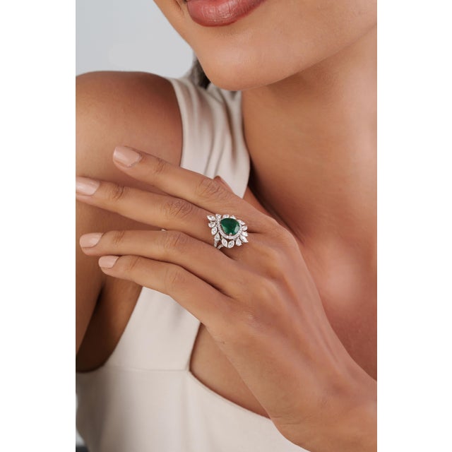 Not Yet Made - Made To Order Luxury 2.24Ct Natural Emerald & 1.91Ct Diamond Halo Cocktail Ring Size 8 in 18k Gold For Sale - Image 5 of 16