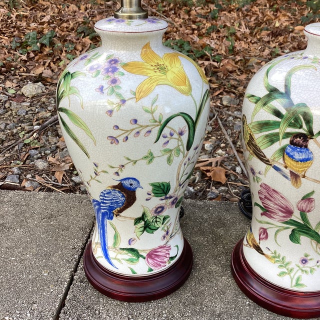 Late 20th Century Late 20th Century Pair of Botanical Bird Lamps From Vanderbilt Whitney Estate For Sale - Image 5 of 7