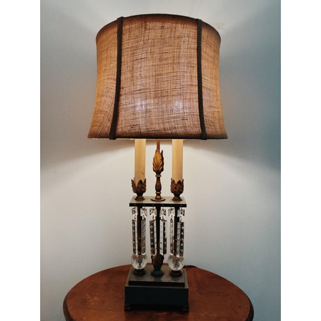 French Vintage Tall French Style Sage Accent Crystal Lamp With Burlap Shade For Sale - Image 3 of 9