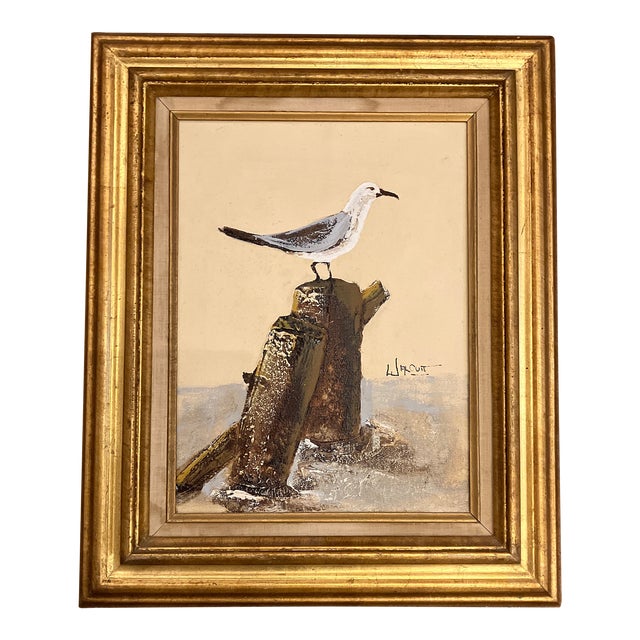 1970’s Original Rustic Beach Scene Seagull Painting on Canvas For Sale