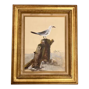 1970’s Original Rustic Beach Scene Seagull Painting on Canvas