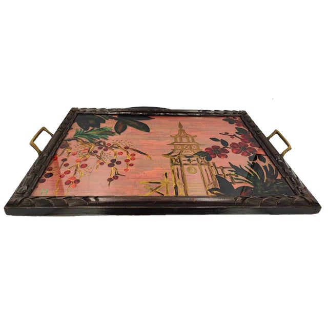 Antique Wooden Carved Tray Painted on Glass For Sale