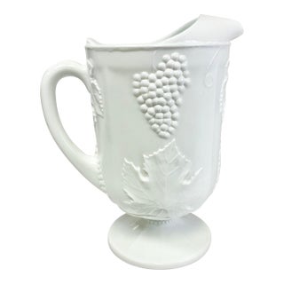 1970s Vintage Americana Arts & Crafts Indiana Glass Grape Milk Glass 64 Oz Pitcher For Sale