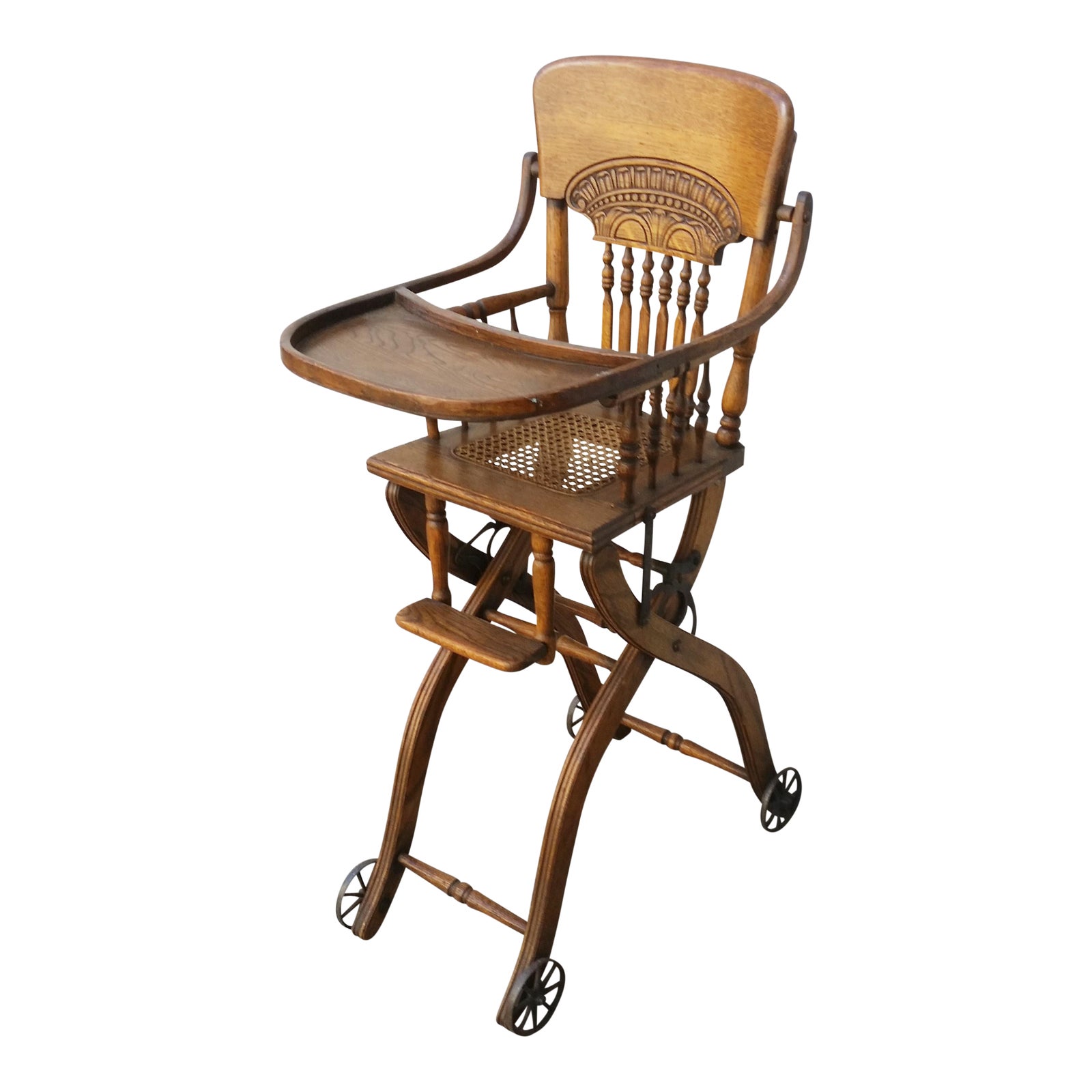 Antique Oak Convertible Pressed Back High Chair Stroller
