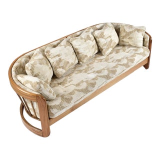 Beige Curved Barrel Shaped Solid Oak Wood Sofa With Spindle Back For Sale