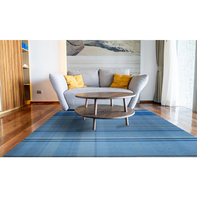 Cornflower Blue 8x10 Maya Opulent Blue Kilim Geometric Plaid Modern Flatweave Wool Carpet Rug For Sale - Image 8 of 9