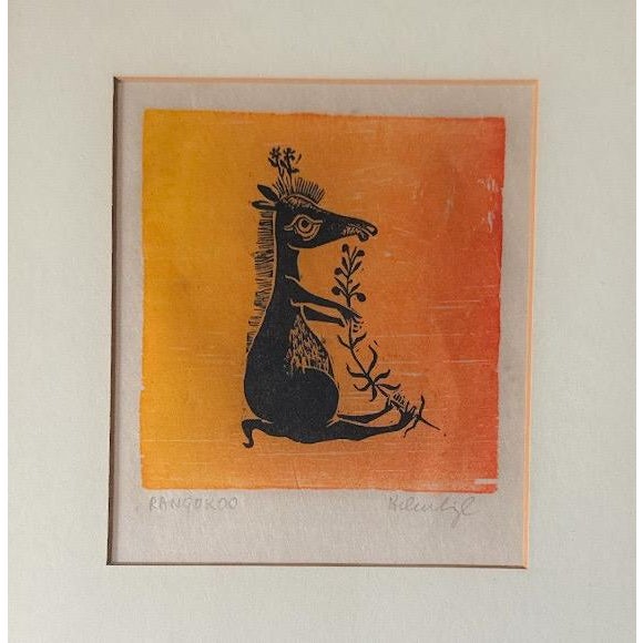 Vintage Helen Siegl Hand-Signed Fine Art Woodcut Print Rangoroo Mid Century Modern Folk Art Whimsical Animal Custom Framed...