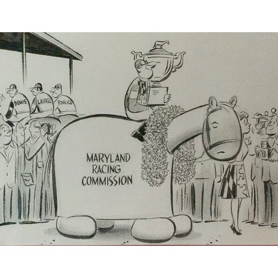 Classic Preakness Stakes charcoal drawing by Flannery signed (LR) depicting three jockeys with Bowie/ Laurel/ & Pimlico on...