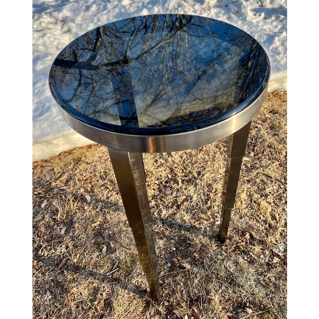 1980s Art Deco Enzo Style Table Steel With Black Glass Top Stepped Legs For Sale - Image 5 of 6